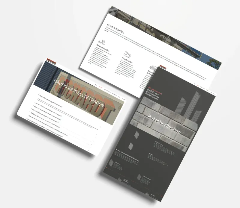 Mockup mehrerer Unterseiten von richardt.com nebeneinander, darunter Leistungs- und Karriereseiten.